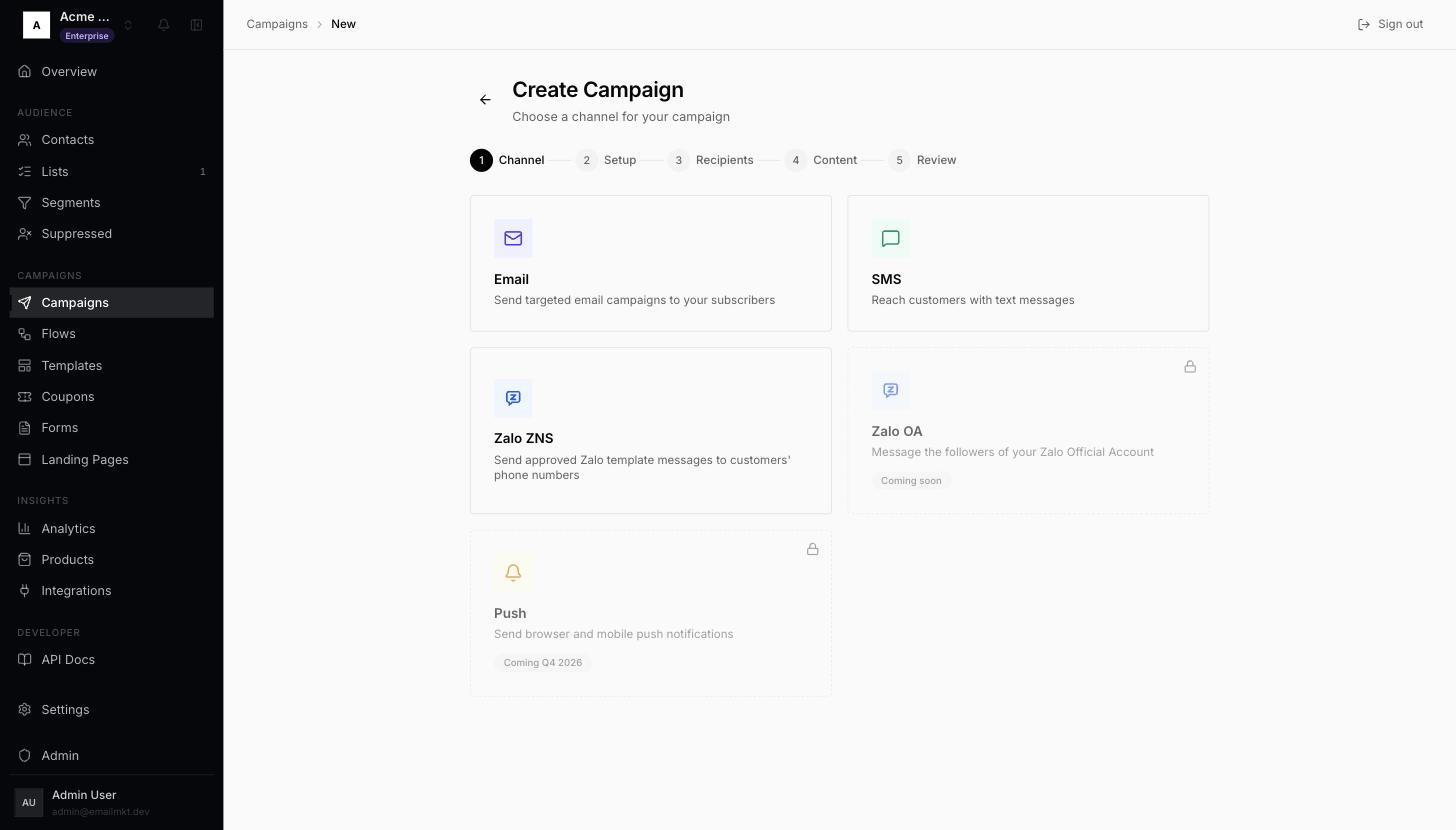 Create Campaign, channel step