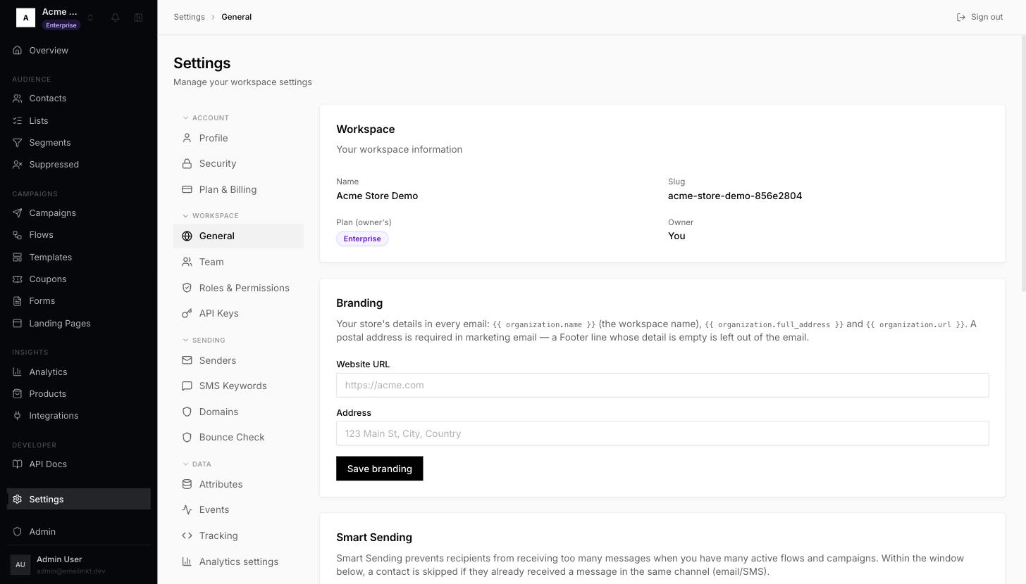 Settings, General page