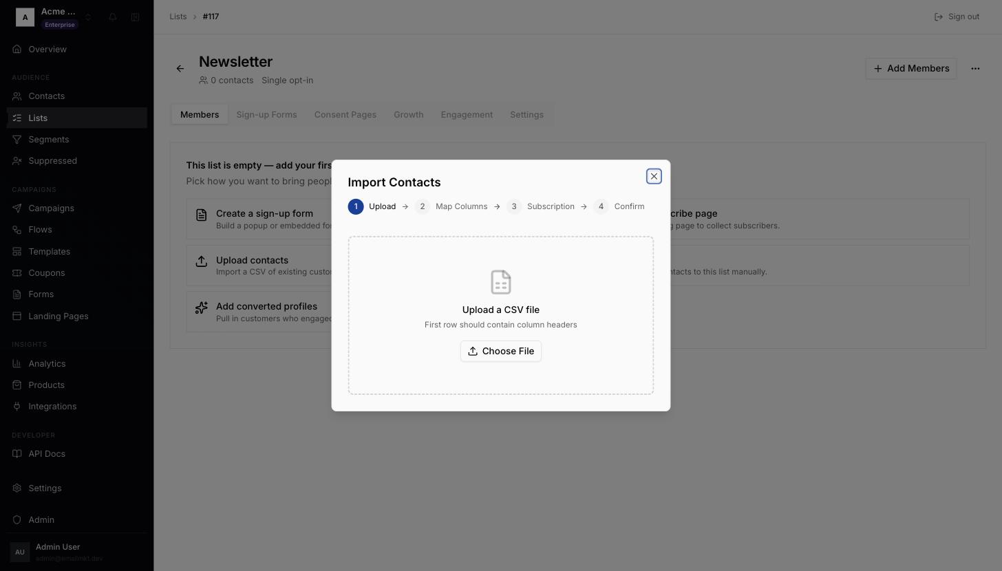 Import Contacts dialog, upload step