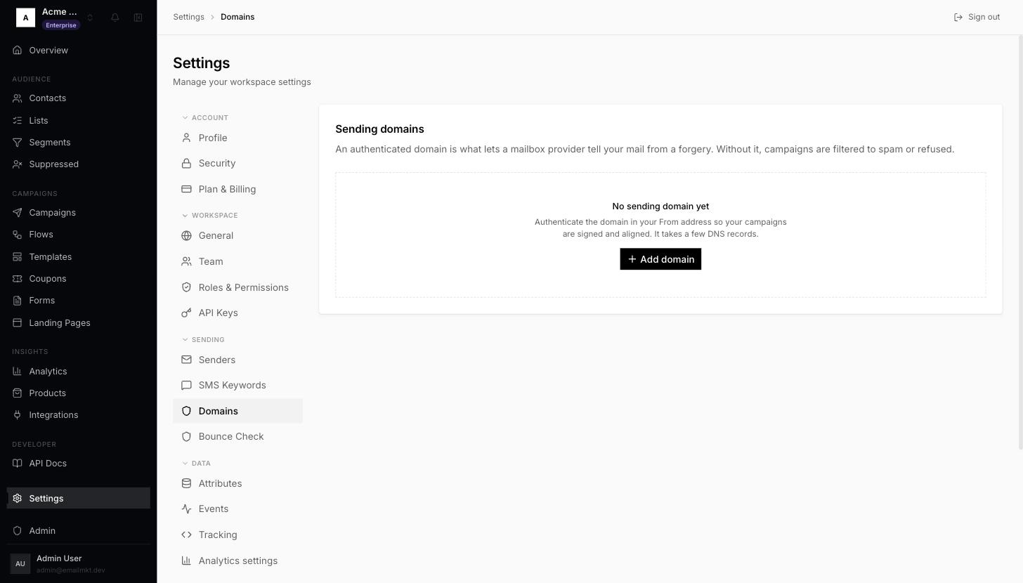 Sending domains page with Add domain