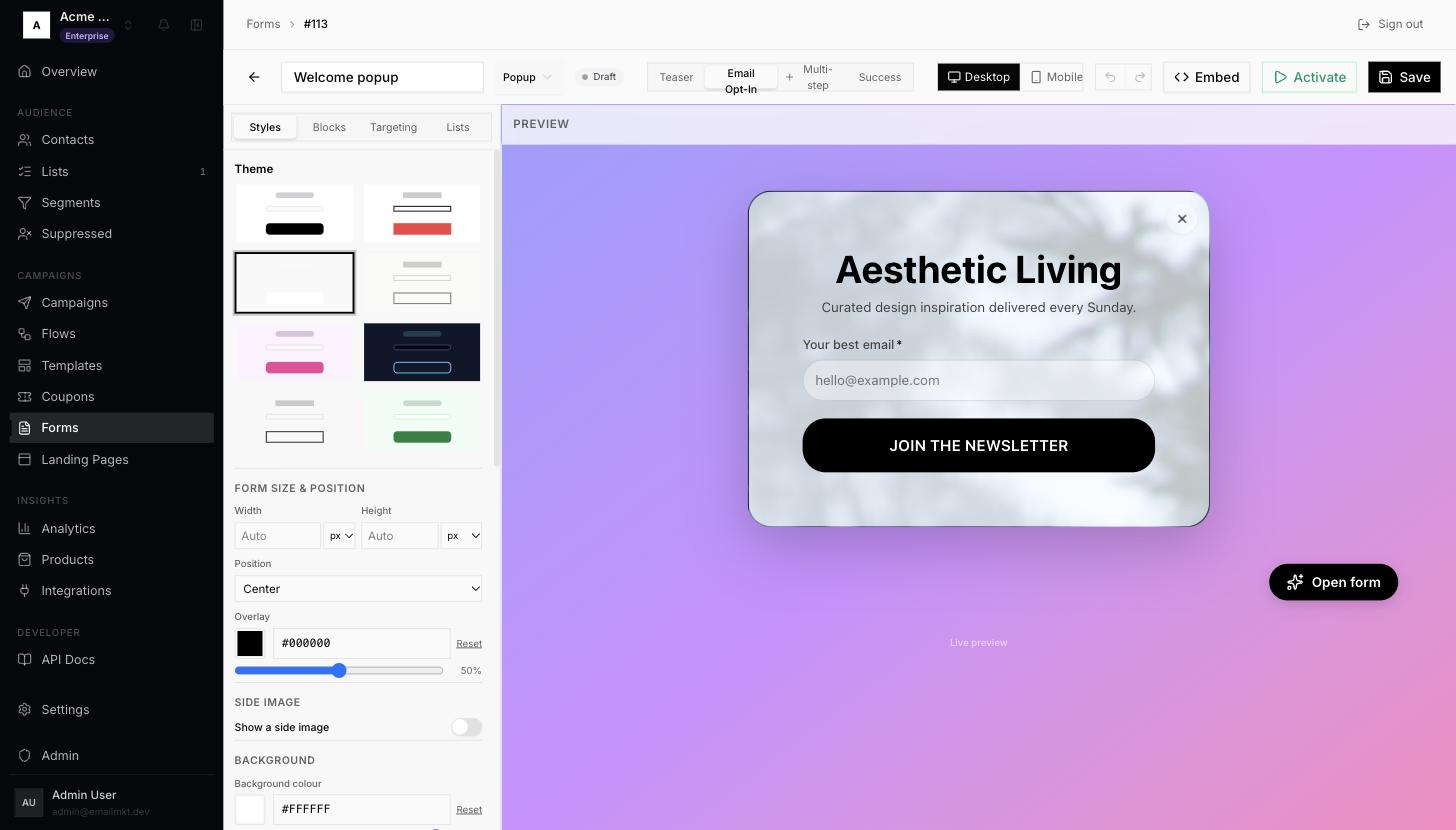 Form editor with Targeting, Activate and Save