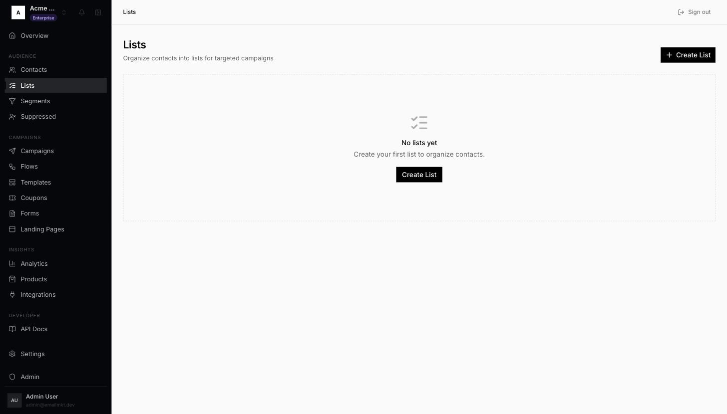 Lists page with Create List