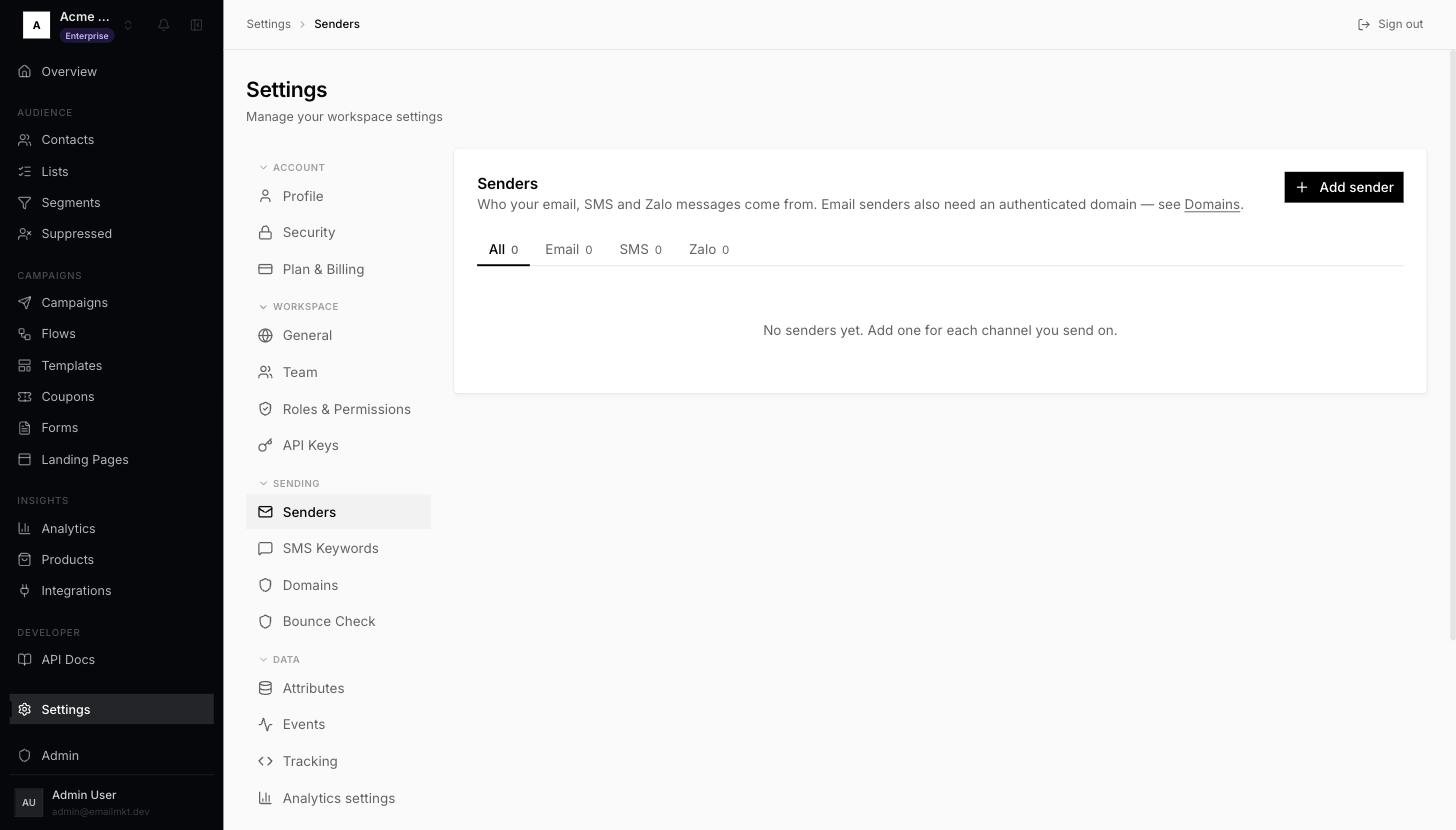 Senders page with Add sender