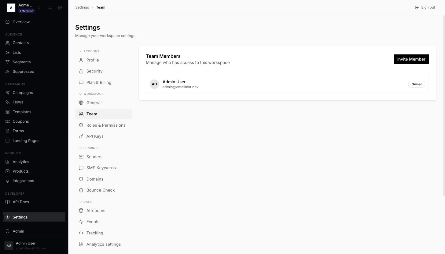 Team page with Invite Member