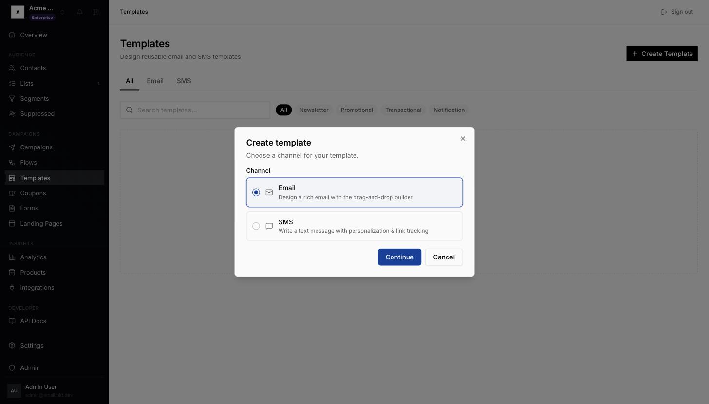 Create template, choose Email