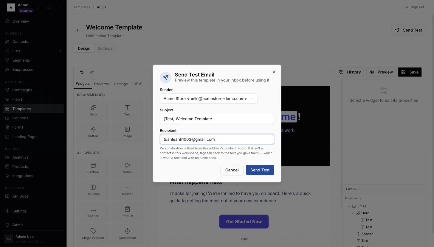 Send Test Email dialog
